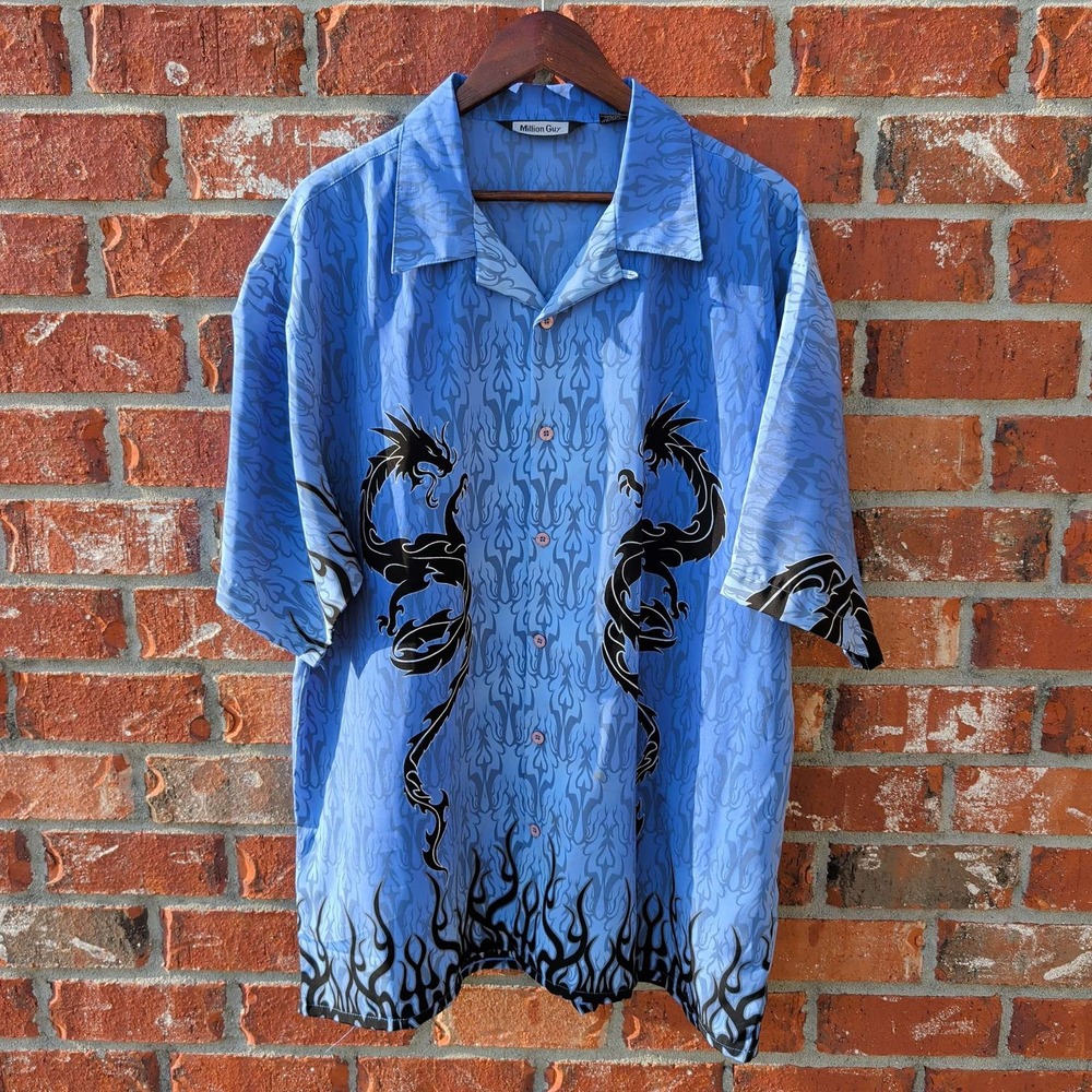 Million Guy Dragon Shirt Mens XL Blue Black Tribal Flame Y2K Button Down Korea